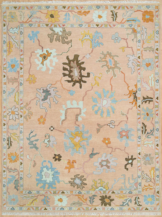 Nasrin Hand-Knotted Indian Oushak Wool Rug - Blossom, Aqumarine and Teak