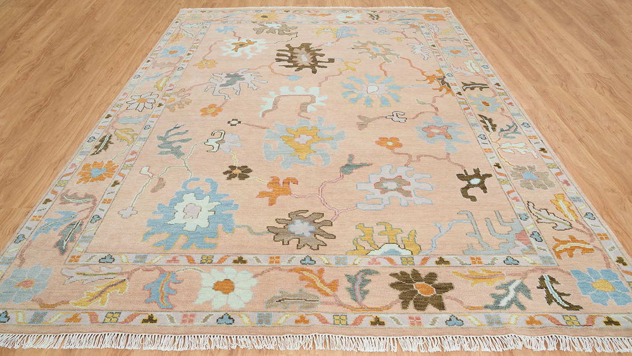 Nasrin Hand-Knotted Indian Oushak Wool Rug - Blossom, Aqumarine and Teak