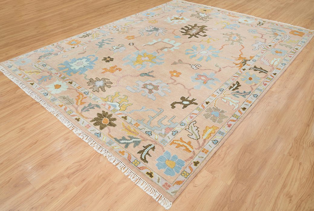 Nasrin Hand-Knotted Indian Oushak Wool Rug - Blossom, Aqumarine and Teak