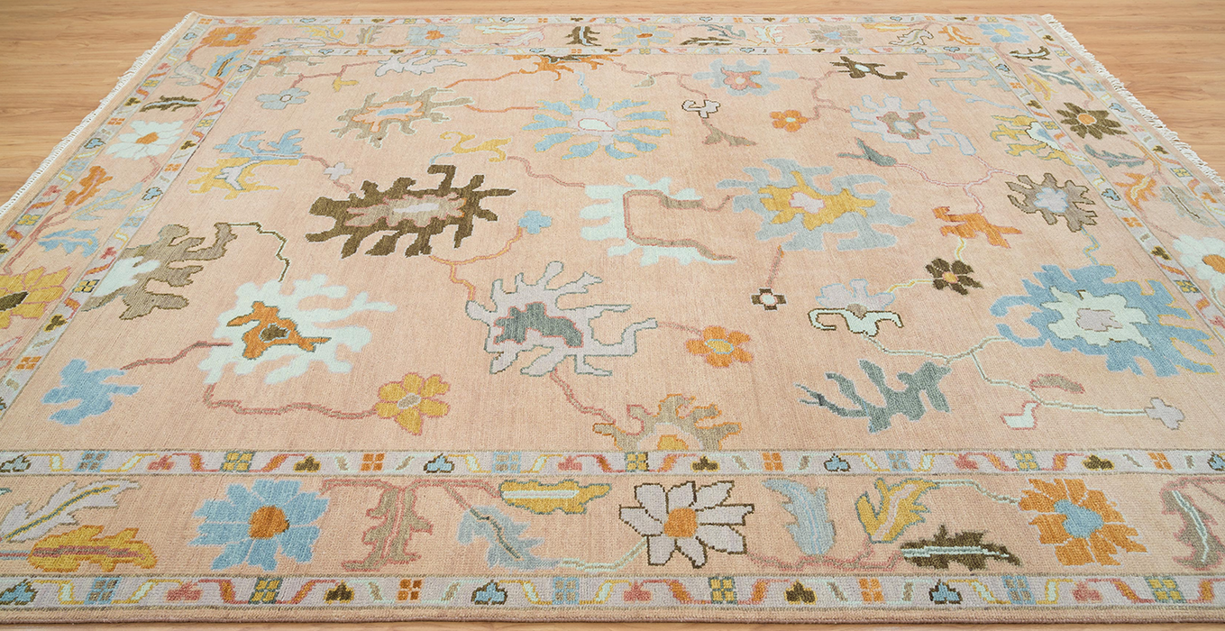 Nasrin Hand-Knotted Indian Oushak Wool Rug - Blossom, Aqumarine and Teak