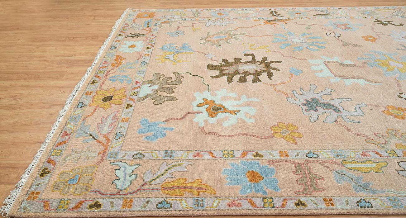 Nasrin Hand-Knotted Indian Oushak Wool Rug - Blossom, Aqumarine and Teak