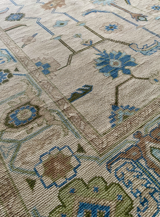 Sakin Hand-Knotted Indian Oushak Wool Rug - Ivory, Sapphire and Basil