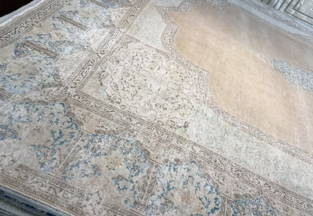 Vintage Super-fine Persian Distressed Ravar-Kerman Wool Rug - Sand, Chocolate, Aqua and Turquoise - 296 x 400cm