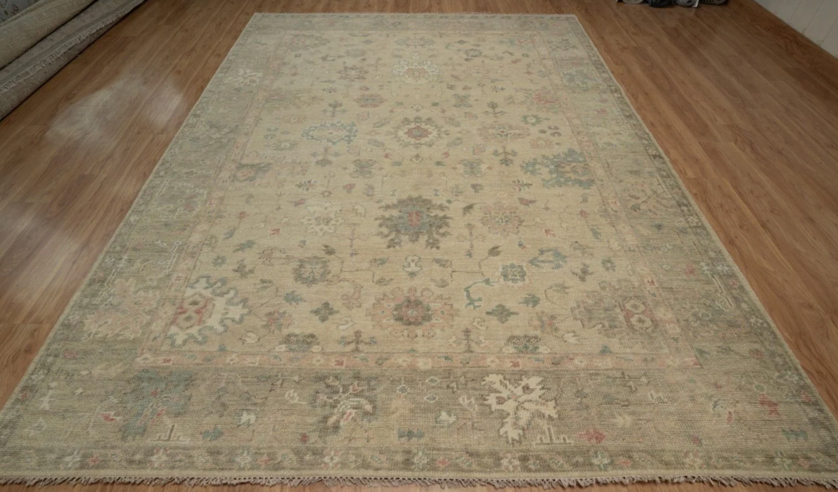 Altan Vintage Inspired Hand-Knotted Indian Oushak Wool Rug - Sand, Nutmeg, Blush, Dusk and Sapphire