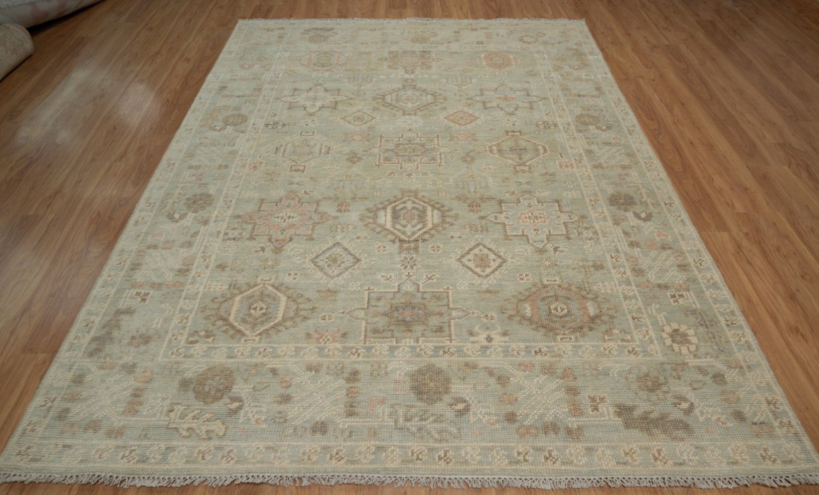 Seda Vintage Inspired Hand-Knotted Indian Oushak Wool Rug - Celadon, Nutmeg, Ivory, Dove and Blossom