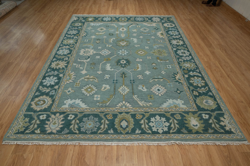 Kerem Hand-Knotted Indian Oushak Wool Rug - Teal, Aquamarine, Pear and Ivory/Blush
