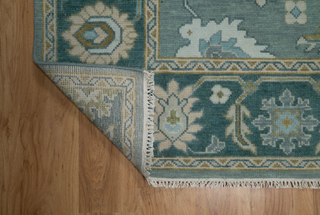 Kerem Hand-Knotted Indian Oushak Wool Rug - Teal, Aquamarine, Pear and Ivory/Blush