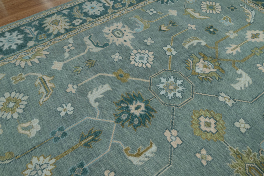 Kerem Hand-Knotted Indian Oushak Wool Rug - Teal, Aquamarine, Pear and Ivory/Blush
